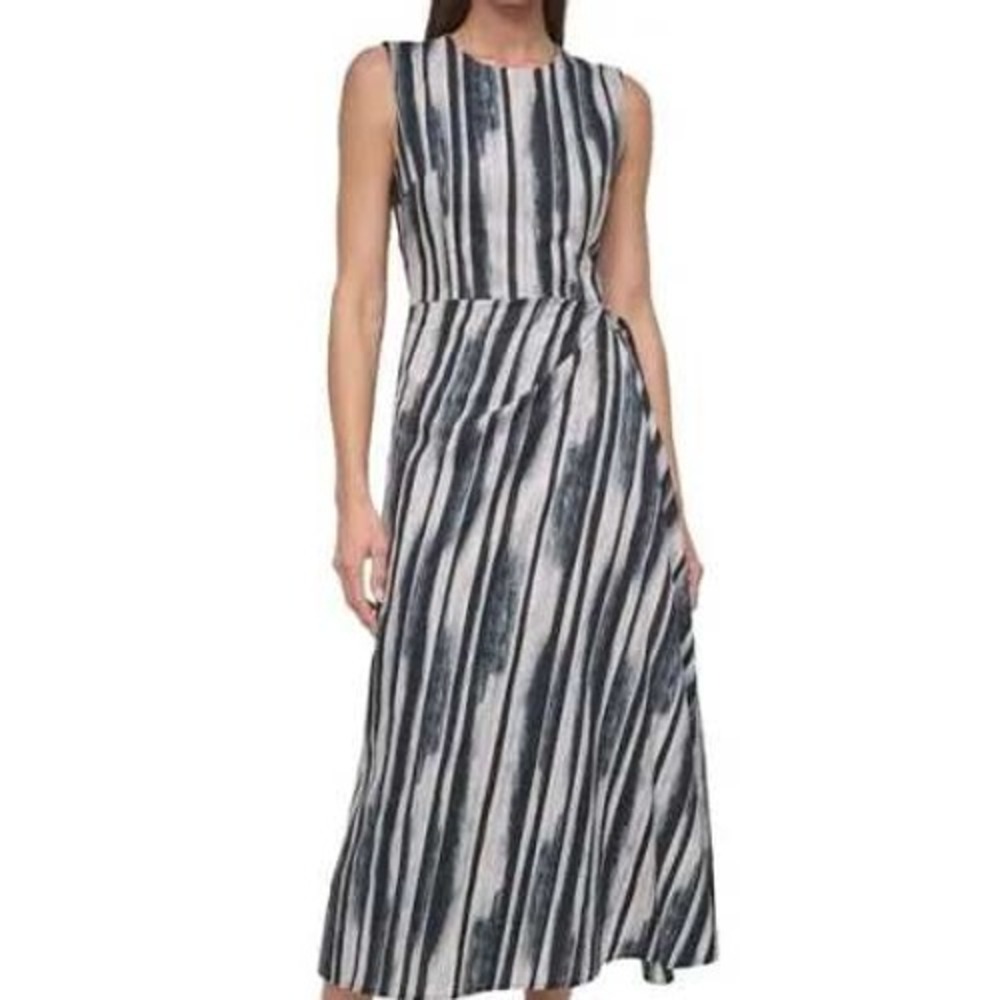 DKNY Women Midi Dress 2 Black White Abstract Stripe Sleeveless Wrap Detail